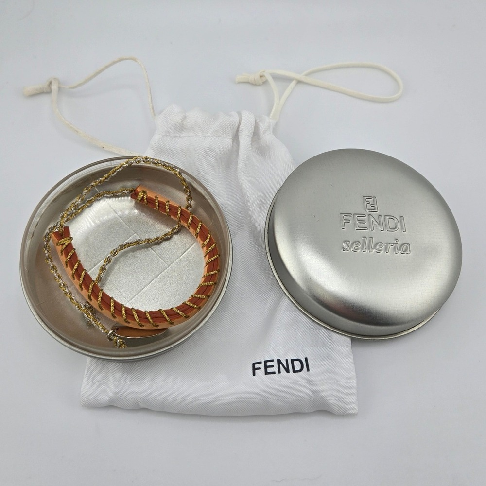 Fendi Selleria Leather Whipstitch Adjustable Bracelet Peach Gold Silver Charm - Picture 5 of 8